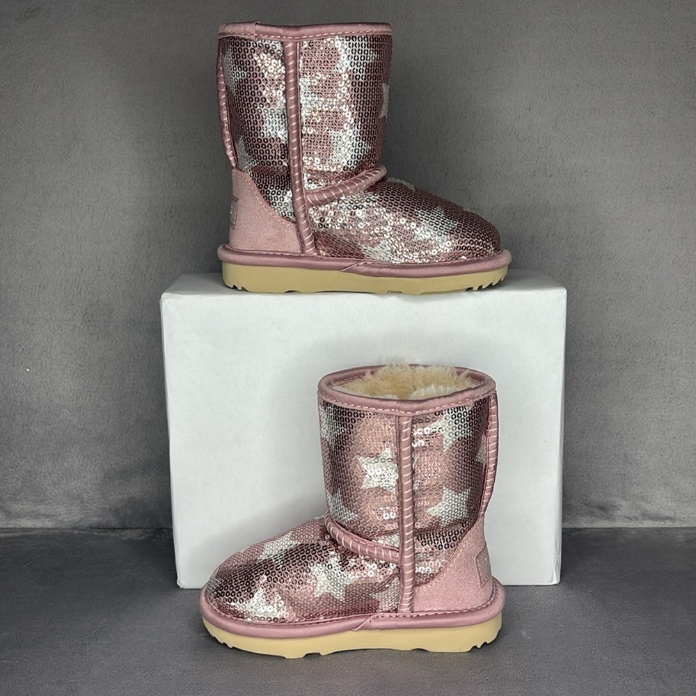 UGG Pink Silver Sequin Classic Boots Toddler Girl Size 8 Sparkle - Picture 2 of 8